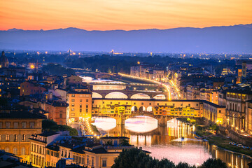 Poster - Florence cityscape and Arno river bridges sunset view, Ponte Vecchio