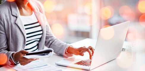 Poster - Laptop, bokeh and business woman typing with document for accounting budget research project. Technology, notebook and closeup of professional female accountant working on computer in workplace.
