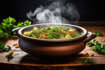 Poster - a bowl of steaming vegetable soup on a wooden table