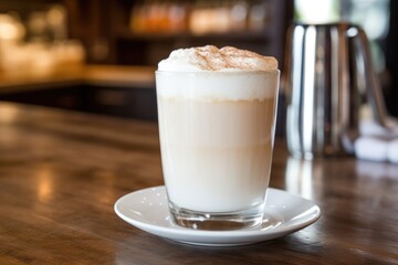 Sticker - a frothy cappuccino in a large mug on a coffeehouse counter