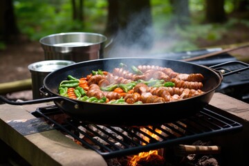 Poster - sausages sizzling on a portable camping hibachi