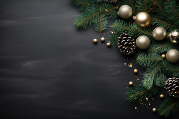 Wall Mural - Christmas ornaments with evergreen tree branches and pine cones on black background with copy space for design