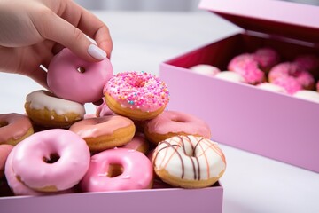 Wall Mural - hand picking a donut from a pink box