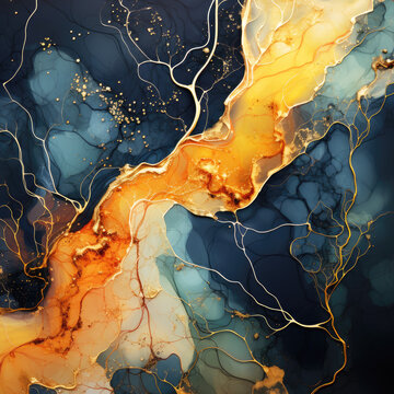 Abstract organic alcohol ink shapes with golden veins background, decor design
