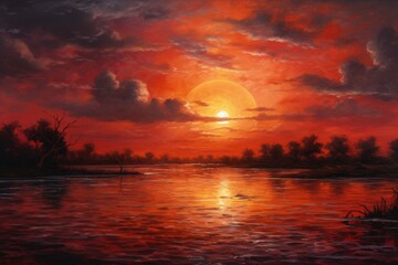 Aufkleber - A beautiful painting depicting a serene sunset over a calm body of water. This artwork captures the stunning colors and peaceful atmosphere of a sunset scene. Perfect for adding a touch of tranquility