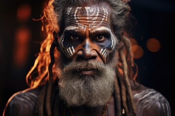 Poster - A detailed close-up of a person with a beard and vibrant face paint. This image can be used for various purposes, such as costume parties, festivals, or artistic projects.