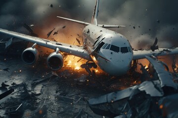 Poster - A large airplane engulfed in flames, soaring through the sky. Perfect for illustrating danger or emergency situations.