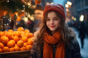 Poster - A woman standing in front of a fruit stand. This image can be used to depict healthy eating, fresh produce, or a local market.