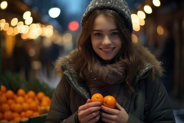 Poster - A woman holding two oranges in her hands. Perfect for food and nutrition-related designs.