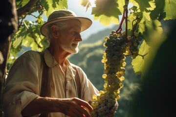 Poster - A man is pictured standing next to a bunch of grapes. This image can be used to depict concepts such as agriculture, farming, harvest, vineyards, or healthy eating.