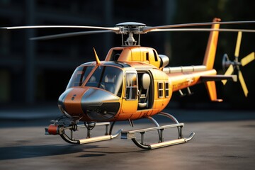 Aufkleber - An orange helicopter is pictured sitting on the ground. This image can be used to depict transportation, aviation, or aerial activities.
