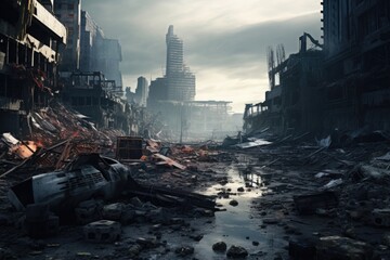 Poster - A photograph of a dirty city street with a significant amount of debris on the ground. This image can be used to depict urban decay and the need for cleanliness in urban environments.