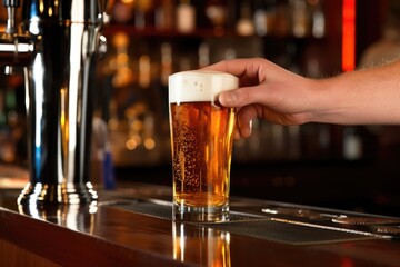 Canvas Print - hand serving chilled pint of lager at a home bar