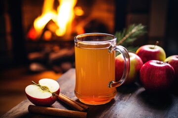 Poster - apple cider in a ceramic mug next to a fireplace