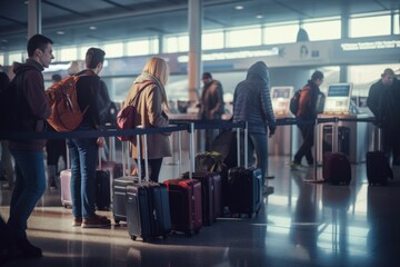 Poster - A group of people standing around with their luggage, ready for travel. This image can be used to illustrate concepts such as travel, tourism, vacation, group trips, or airport scenes.