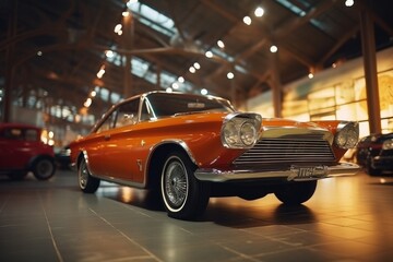 Aufkleber - An orange car is parked inside a building. This image can be used to showcase modern architecture, car storage, or urban transportation.