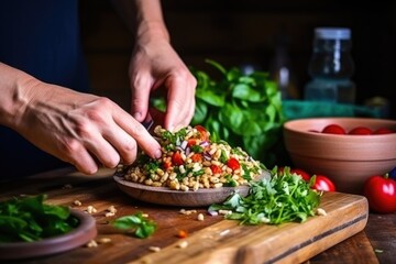 Sticker - preparation of farro salad with hand slicing cherry tomatoes