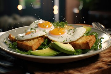 Wall Mural - A plate of food featuring eggs and avocado, perfect for a healthy and delicious meal. This image can be used in various contexts, such as cooking blogs, recipe websites, or health-related articles.