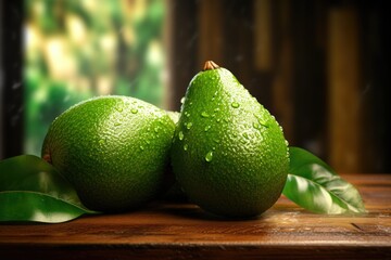 Poster - Two limes sitting on top of a wooden table. Suitable for food and beverage related projects.