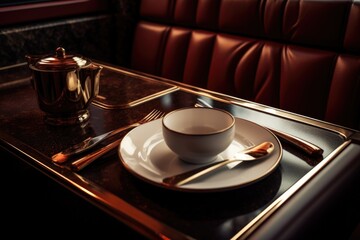 Poster - A picture of a table set with a plate and silverware. This image can be used to showcase a formal dining setting or to illustrate a restaurant menu.