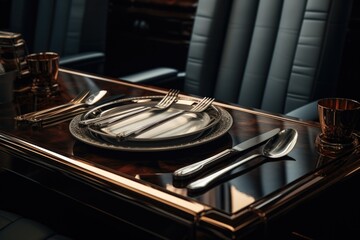 Poster - A table set with a plate and silverware. This image can be used to depict a dining scene or to showcase elegant tableware.