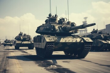 Tanks parked on the street, suitable for military-themed projects.