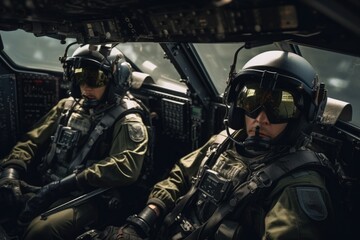 Poster - Two pilots sitting in the cockpit of a plane. Suitable for aviation-related designs and content.