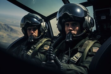 Poster - A picture of two pilots seated in the cockpit of a helicopter. This image can be used to showcase teamwork, aviation, or the profession of pilots.