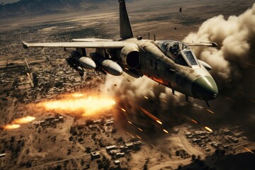 Poster - A fighter jet soaring through the sky, emitting a thick trail of smoke. Ideal for military, aviation, or action-themed projects.