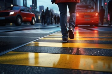 Poster - A person is seen walking across a crosswalk in the rain. This image can be used to depict urban life, rainy weather, and pedestrian safety.