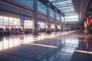 Poster - An image of an empty airport with rows of chairs. This picture can be used to depict a quiet and spacious airport terminal, or to represent the travel industry during low-peak hours.