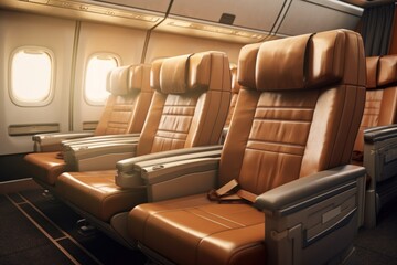 Poster - A row of seats in an airplane with windows. Perfect for travel and transportation themes.