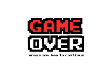 Poster - Game over white background,Pixel Game Over, 8-bit Pixel Game Over.