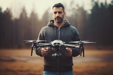 Poster - A man holding a remote control drone in his hands. This versatile image can be used to illustrate concepts such as technology, hobby, aerial photography, or recreational activities.
