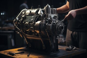 Poster - A man is seen working on a metal engine in a workshop. This image can be used to showcase automotive repair, mechanical work, or craftsmanship.