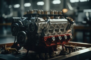 Wall Mural - A detailed close-up shot of a small engine placed on a table. This image can be used to depict mechanical engineering, DIY projects, or as a visual aid for educational materials.