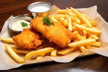 Wall Mural - close-up of fish and chips served on plain paper