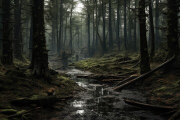 Aufkleber - A serene image of a stream flowing through a dense forest filled with tall trees. This picture captures the tranquility of nature and can be used to evoke a sense of calm and peacefulness. Ideal for n