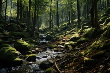 Aufkleber - A picture of a stream running through a beautiful, vibrant green forest. This image can be used to depict nature, tranquility, and the beauty of the outdoors.