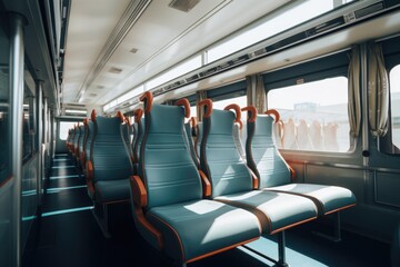 Poster - A row of seats on a train next to a window. Suitable for travel, transportation, or commuting themes.