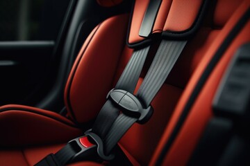 Poster - A detailed close-up of a seat belt in a car. This image can be used to illustrate car safety or transportation concepts.