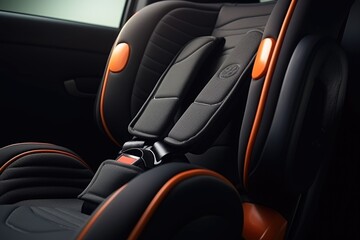 Poster - A detailed view of a car seat inside a vehicle. This image can be used to showcase the comfort and safety features of car seats, as well as for illustrating topics related to transportation and child 
