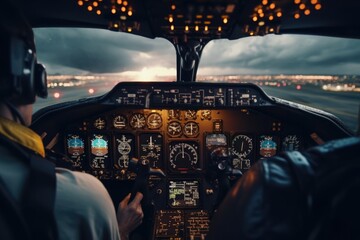 Poster - Two pilots seated in the cockpit of a plane at night. Suitable for aviation-related designs and illustrations.