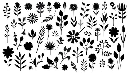 Wall Mural - foliage silhouette collection. set of botanical black elements in flat style isolated on white backg