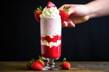 Wall Mural - hand holding a glass of strawberry milkshake, topped with whipped cream