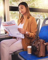 Poster - Newspaper, bus and business woman on transport for morning commute, journey and travel to work. Public transportation, professional and person reading newsletter for events, news and information