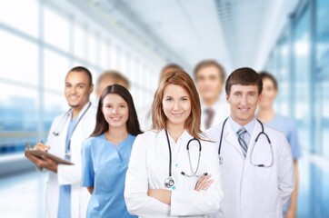 Wall Mural - Healthcare, medical doctors and nurses team walking together, AI generated image