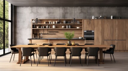 Wall Mural - large kitchen room with modern interior design with wood table and chairs for home against the background classic wall style, Generative AI