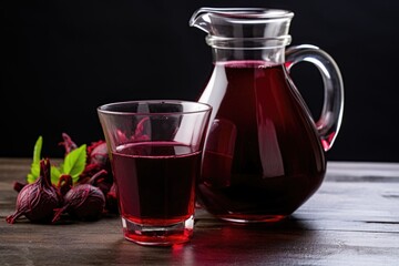 Poster - beetroot standing near a glass jug filled with beet juice