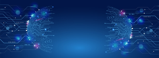 Futuristic design for banner or presentation. The abstract circuit board is on a blue background. Hi-tech digital technology and engineering concept. Wide technology communication.